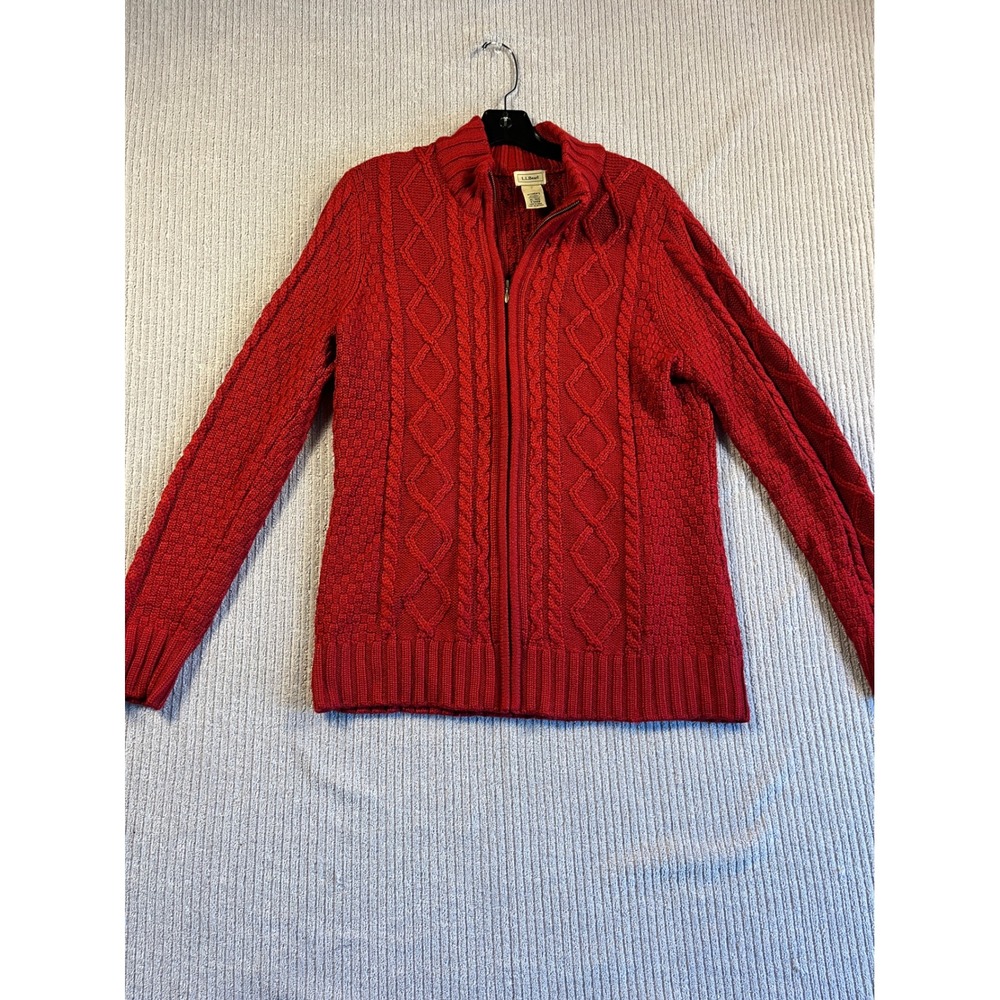 L.L. Bean Wool Blend Sweater Women XL Red Cable Knit Full Zip Mock Neck